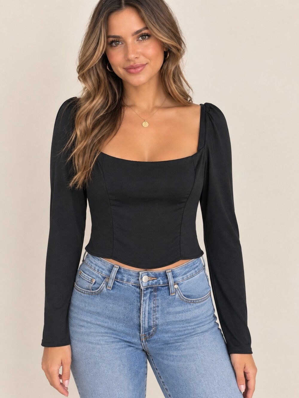 Reformation Black Square-Neck Long Sleeve Blouse
